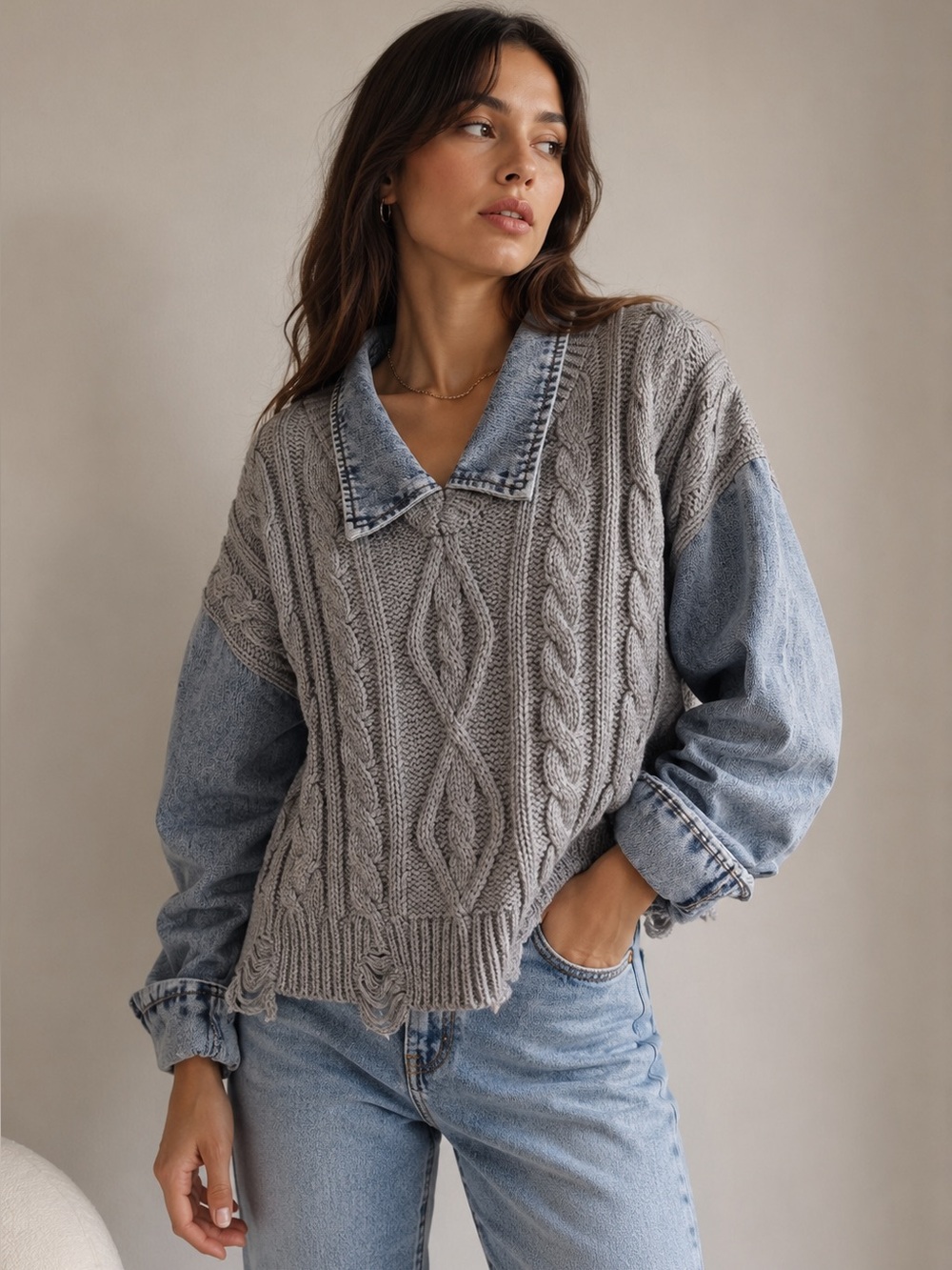 VICI Mixed Media Denim Cable Knit Sweater Gray Collared Oversized XL Scandi